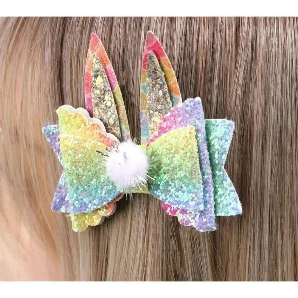 Cute Little Girls Cute Easter Bow Ear Hair Clip, Rainbow New